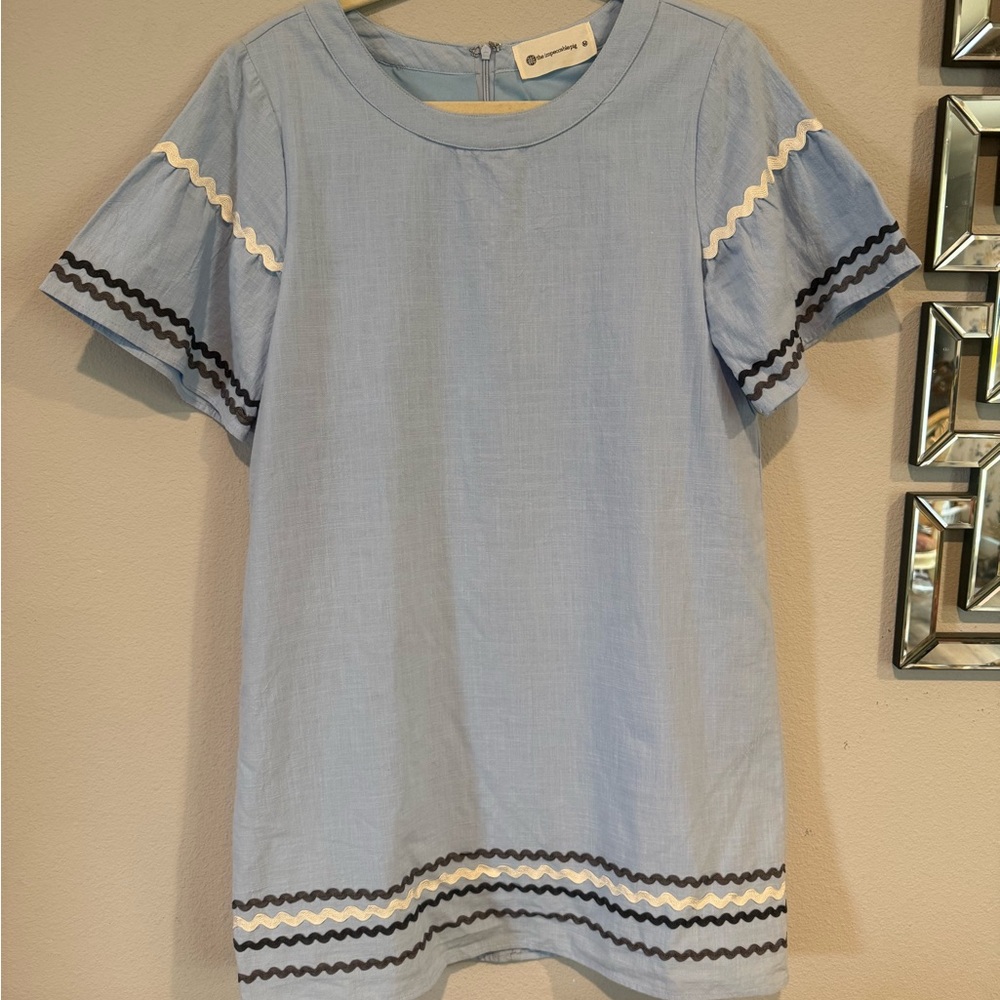 The Impeccable Pig Shift Dress Blue W/White Short‎ Sleeves Woman Sz M Cotton